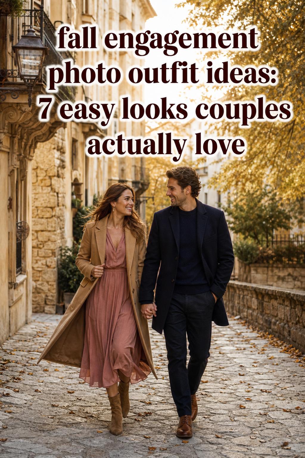 Fall engagement photo outfit ideas with a stylish couple in autumn coats walking a European stone street at sunset.