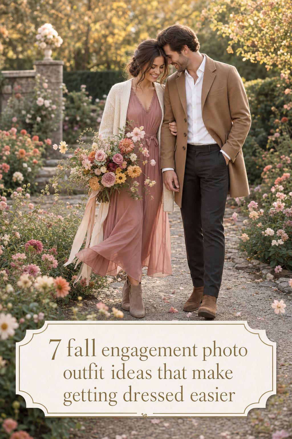 Fall engagement photo outfit ideas: couple in dusty-rose dress and camel coat walking a golden-hour garden path