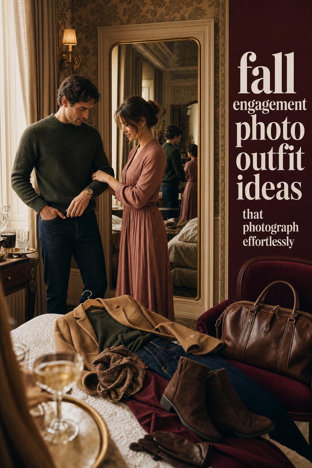 Fall engagement photo outfit ideas laid out in a vintage hotel suite as a couple adjusts their coats by a mirror