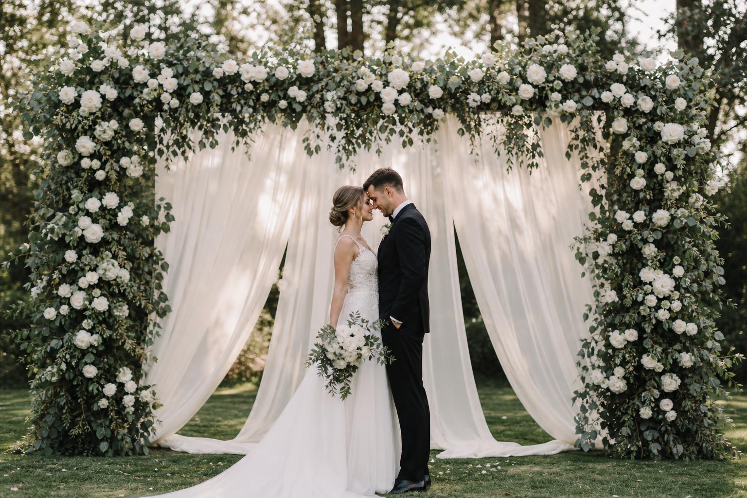 Wedding photo backdrop ideas with a refined floral wall and soft draped fabric, styled for elegant ceremony and portraits
