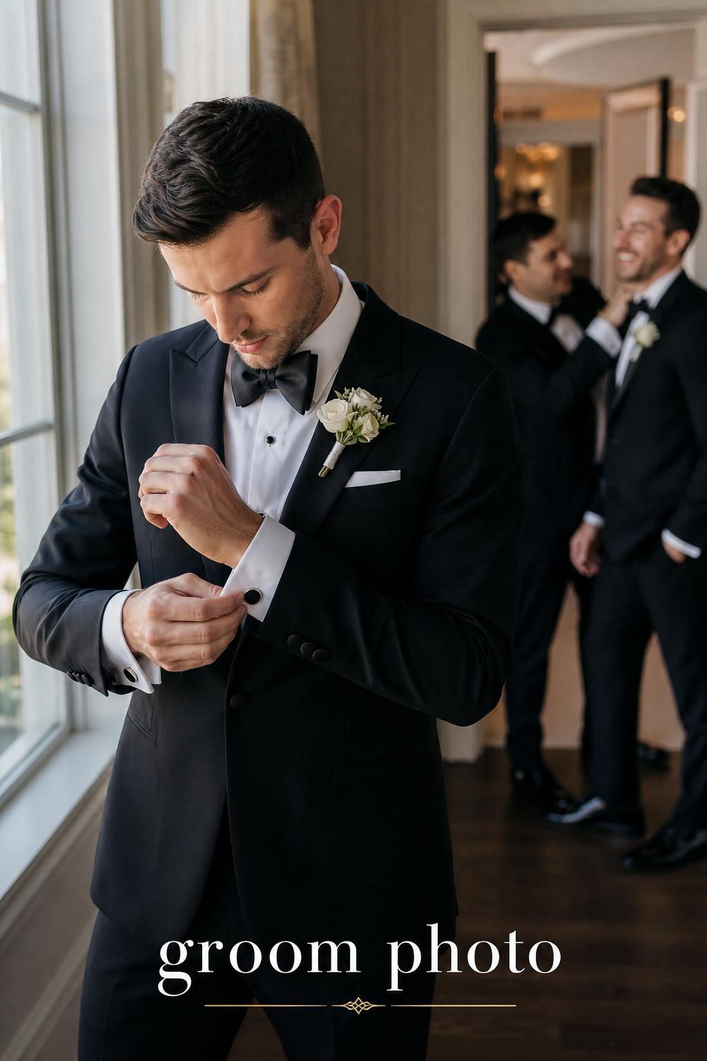 Groom photo of a groom adjusting cufflinks in a sunlit wedding suite with groomsmen softly blurred behind