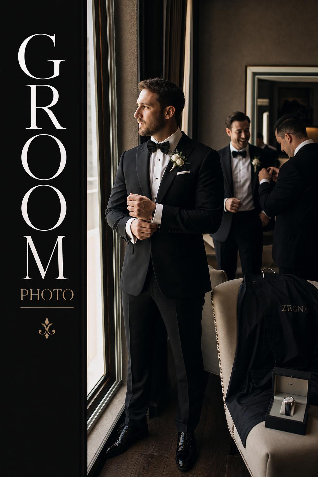 Groom photo of a groom adjusting his bow tie in a luxury wedding suite with soft window light