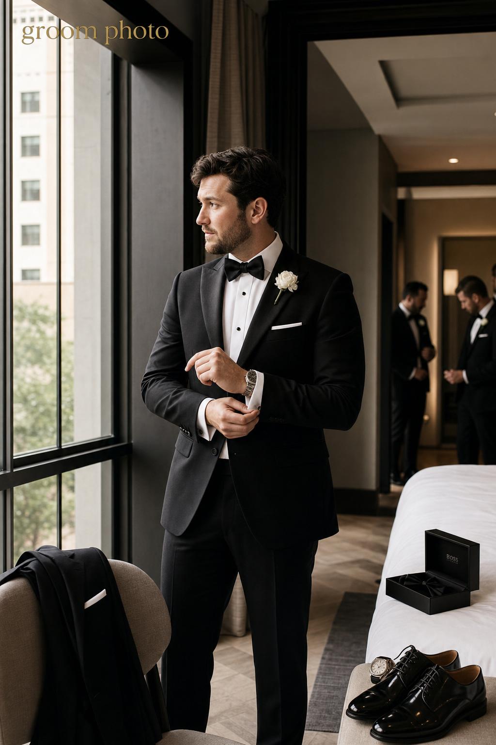 Groom photo of a man in a black tux adjusting his cufflink by a window in a luxury wedding suite