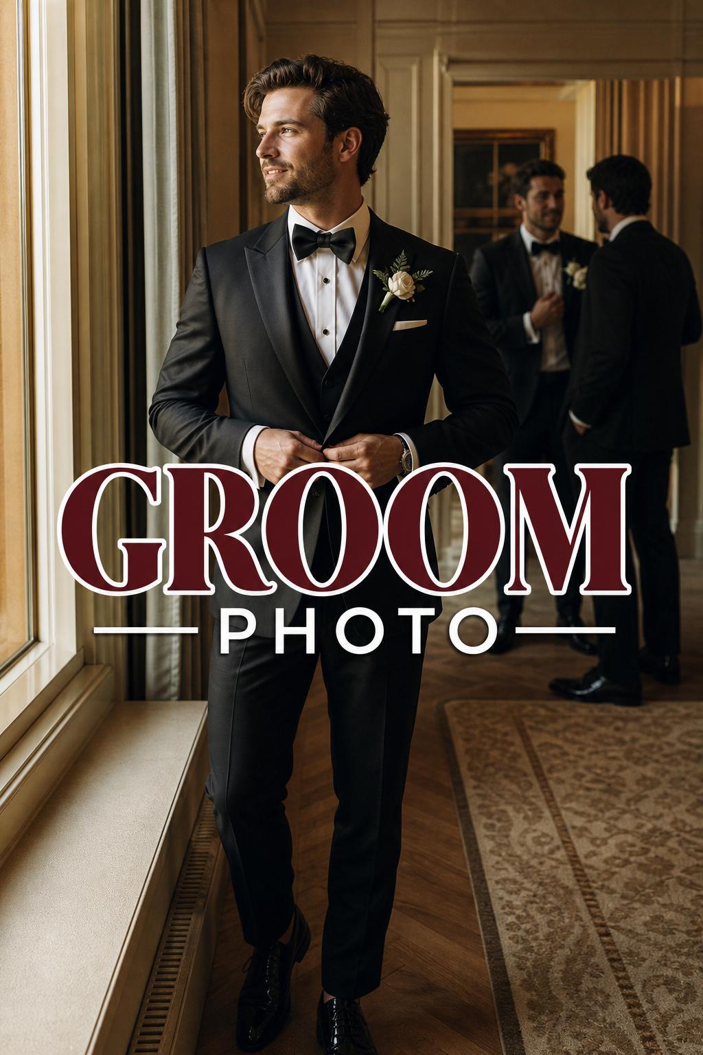Groom photo of a stylish groom getting ready in warm window light with tuxedo details in an elegant suite