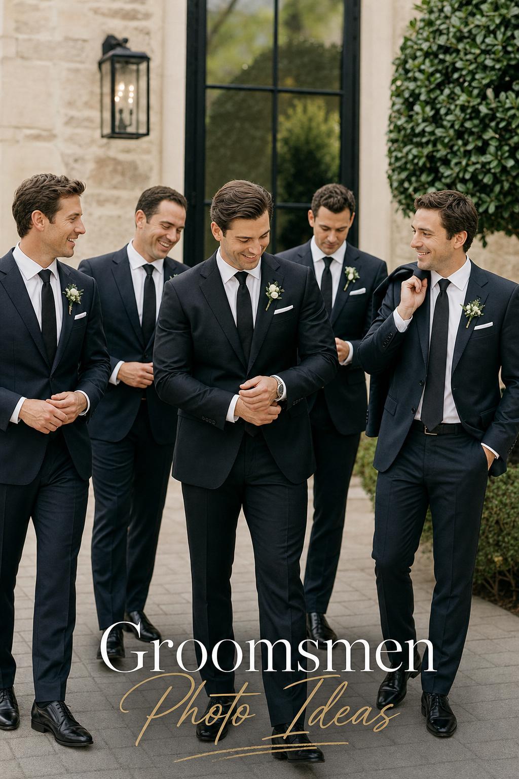 Groomsmen photo ideas: groom with groomsmen adjusting ties in airy modern venue entrance, candid pre-ceremony moment