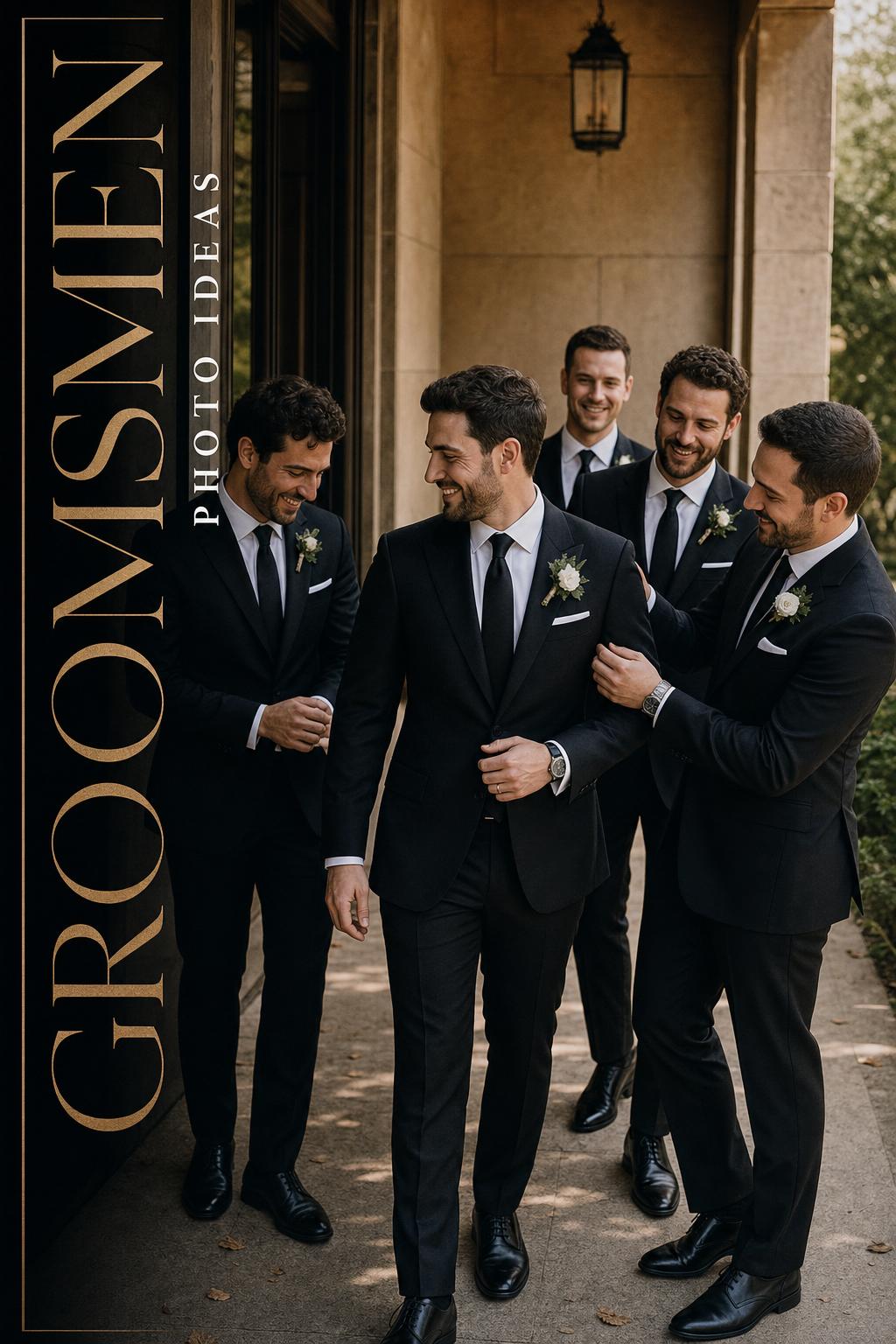 Groom with groomsmen in moody pre-ceremony suite, tailored suits and candid laughs, groomsmen photo ideas text overlay