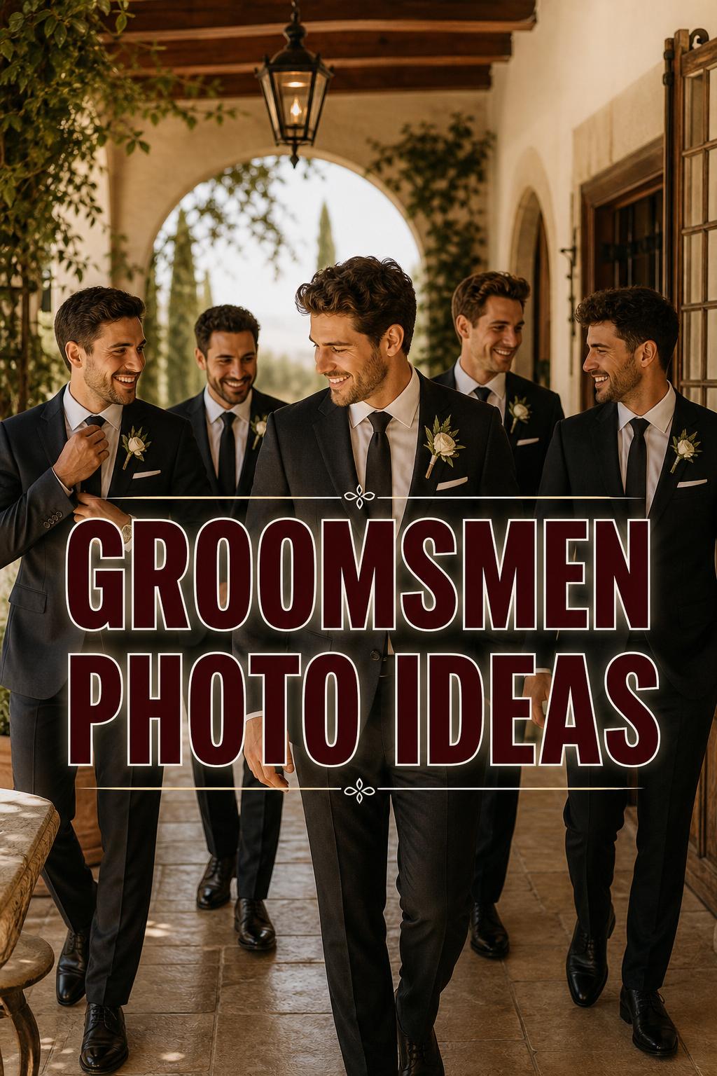Warm candid groom with groomsmen in suits at venue, golden-hour getting-ready scene with text groomsmen photo ideas