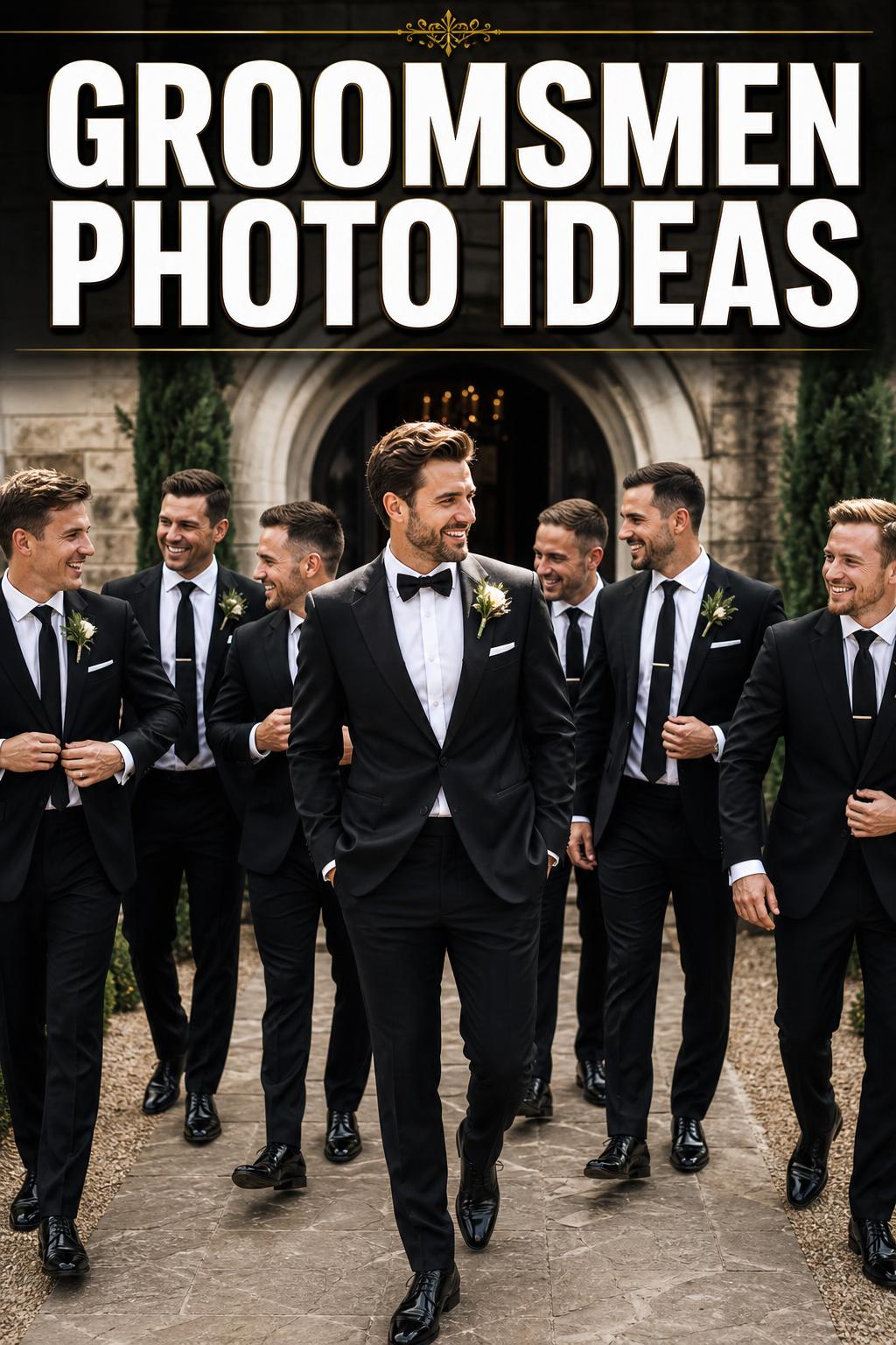 Groomsmen photo ideas featuring a stylish wedding party posing together outdoors in coordinated suits