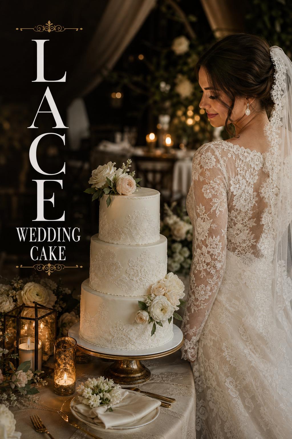 Lace wedding cake beside bride in a candlelit luxury reception with soft florals and elegant editorial styling