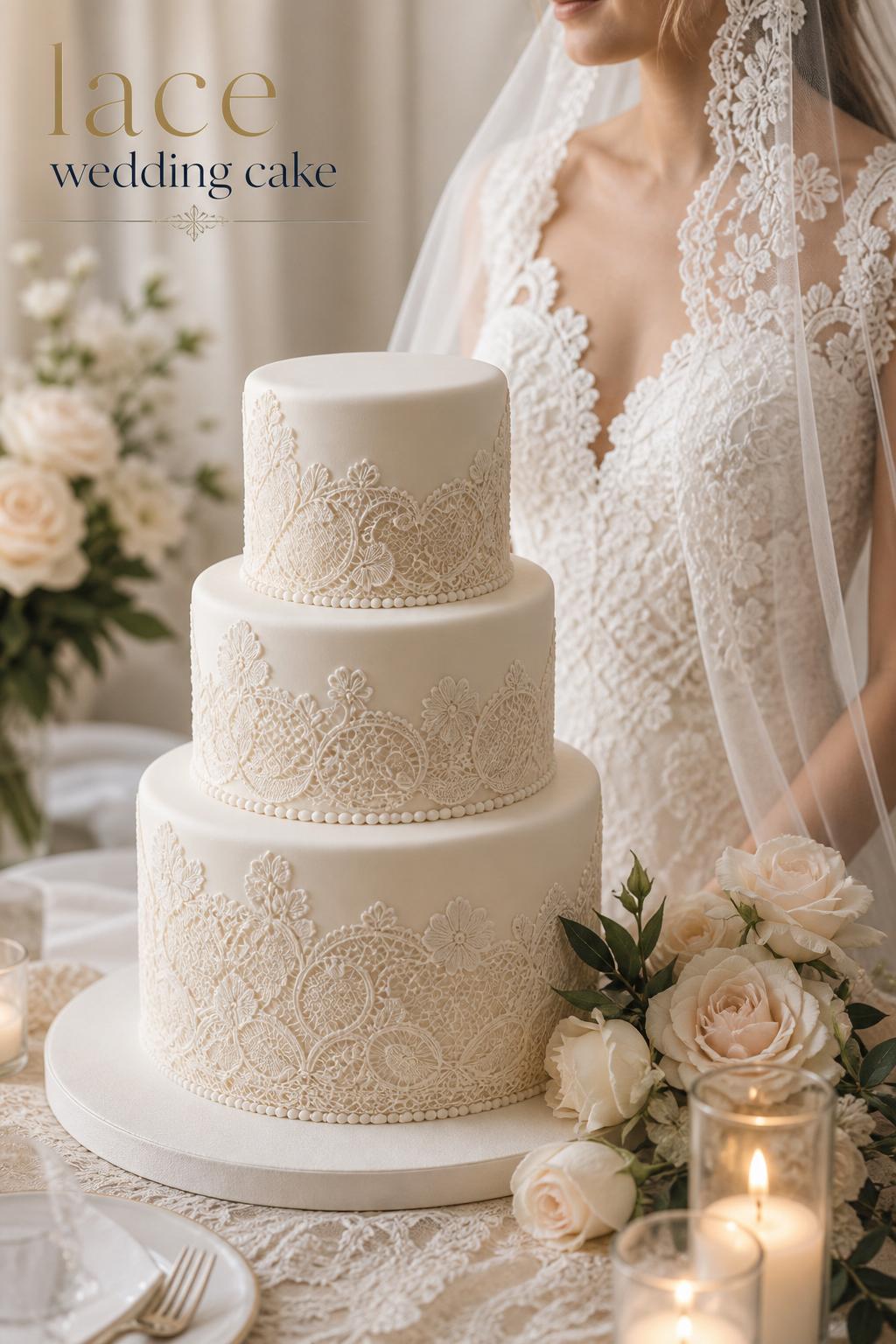 Lace wedding cake with delicate piping at a candlelit luxury wedding reception