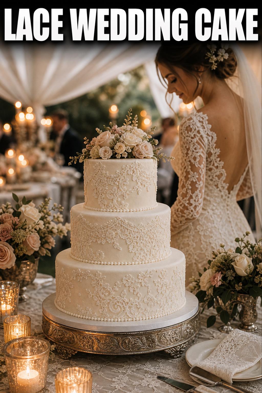 Elegant lace wedding cake with delicate icing details on a romantic reception table
