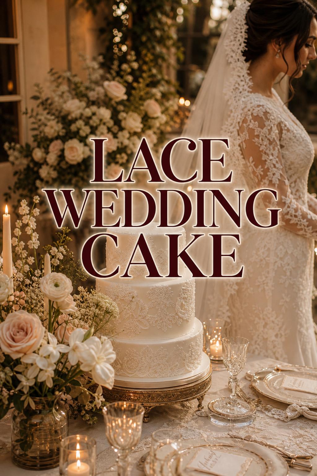 Lace wedding cake at a romantic golden hour reception with candles, blush florals, and soft bridal details
