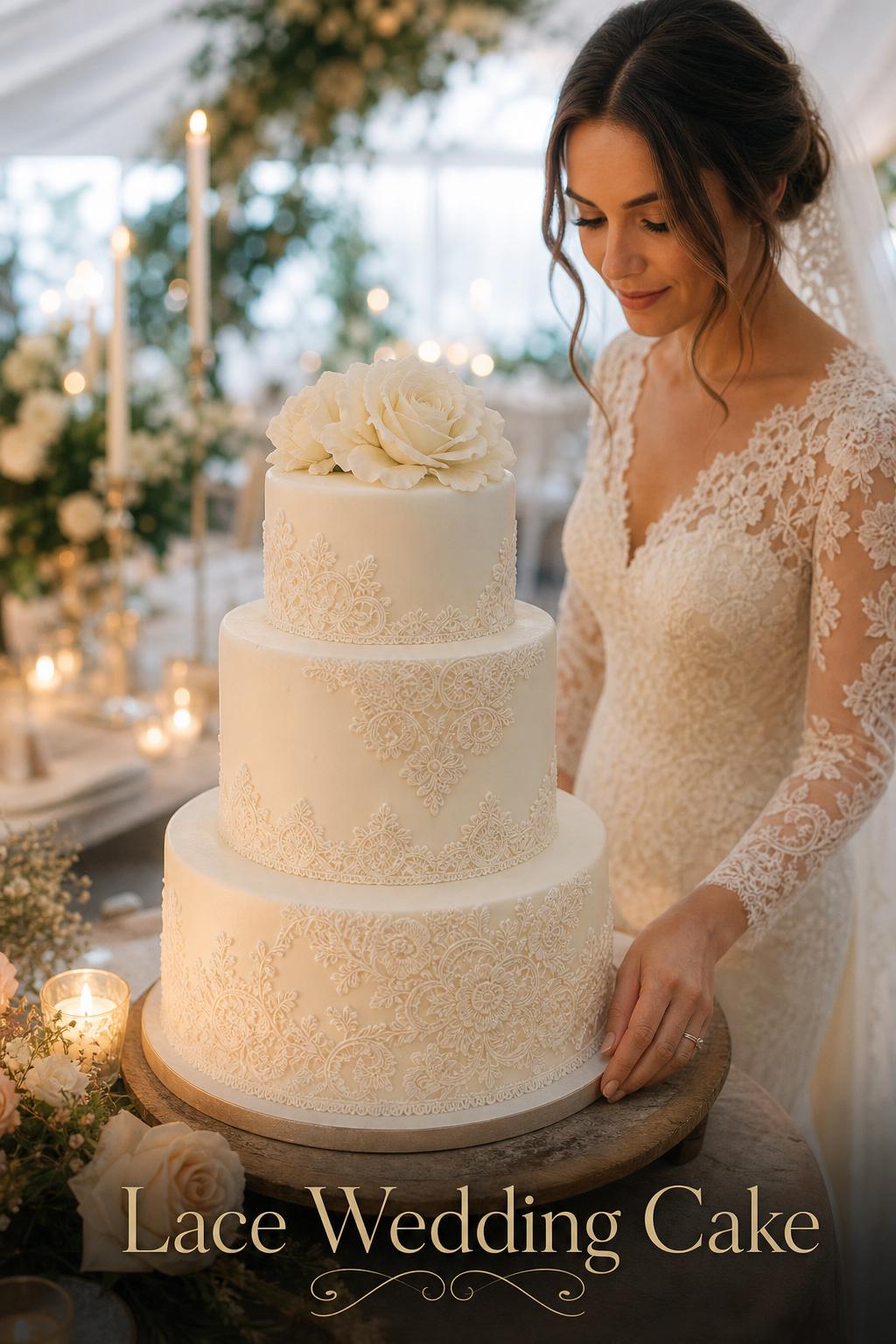 Lace wedding cake at a romantic candlelit reception with bride beside it in an elegant ballroom