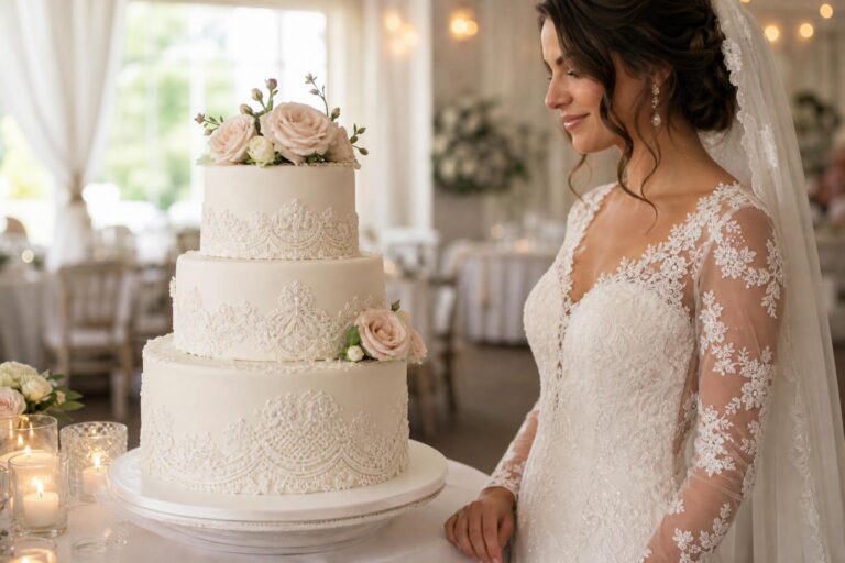 Elegant lace wedding cake with delicate white tiers and romantic bridal-inspired texture