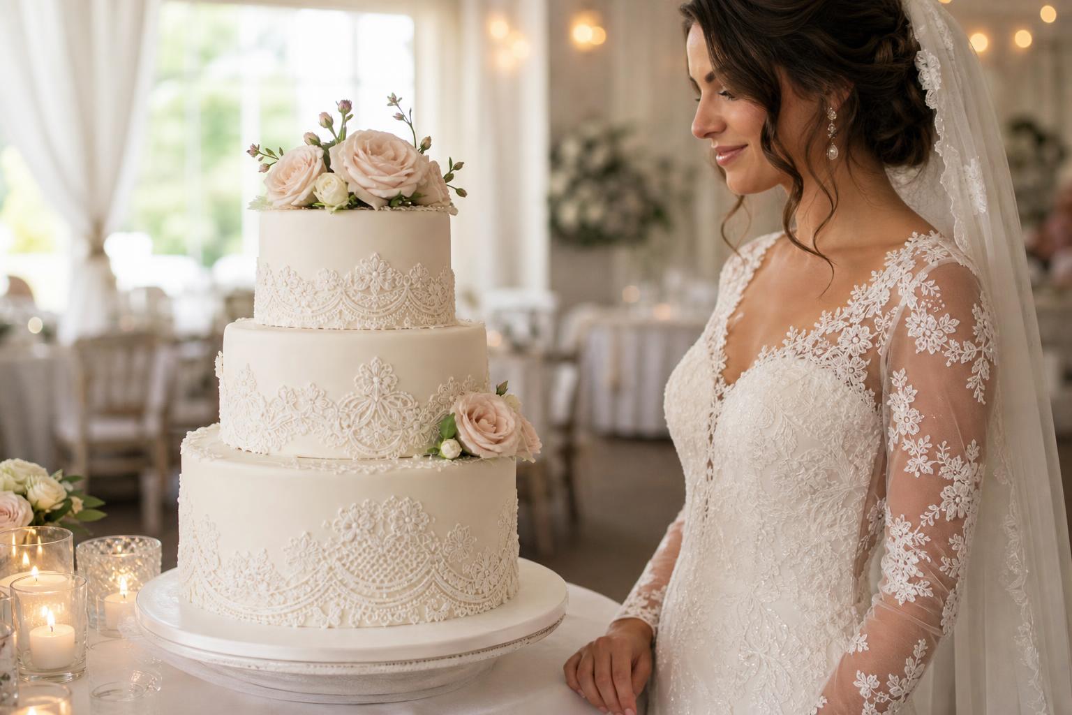 Elegant lace wedding cake with delicate white tiers and romantic bridal-inspired texture