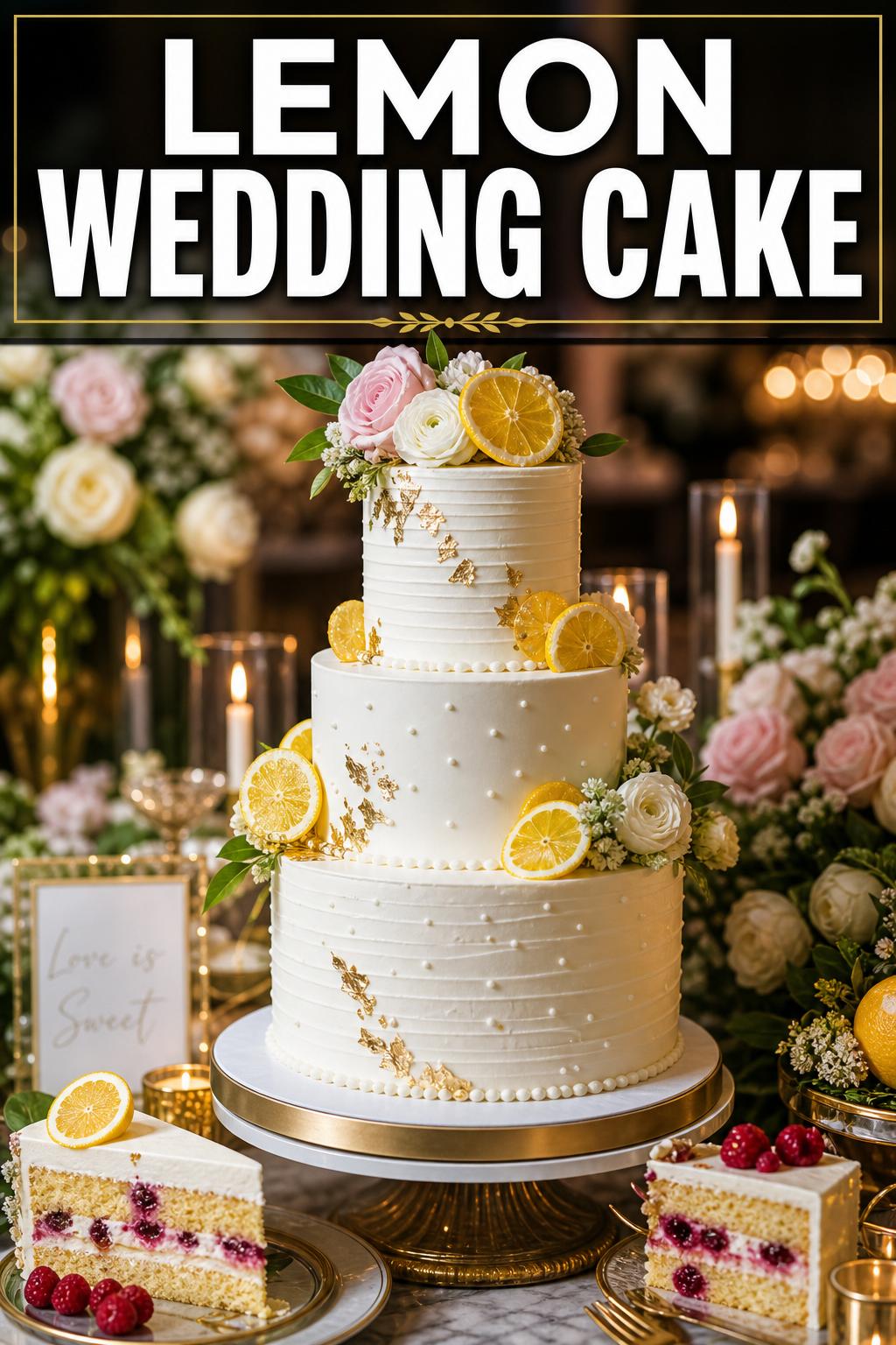 Lemon wedding cake with elegant white frosting and fresh lemon accents on a tiered display
