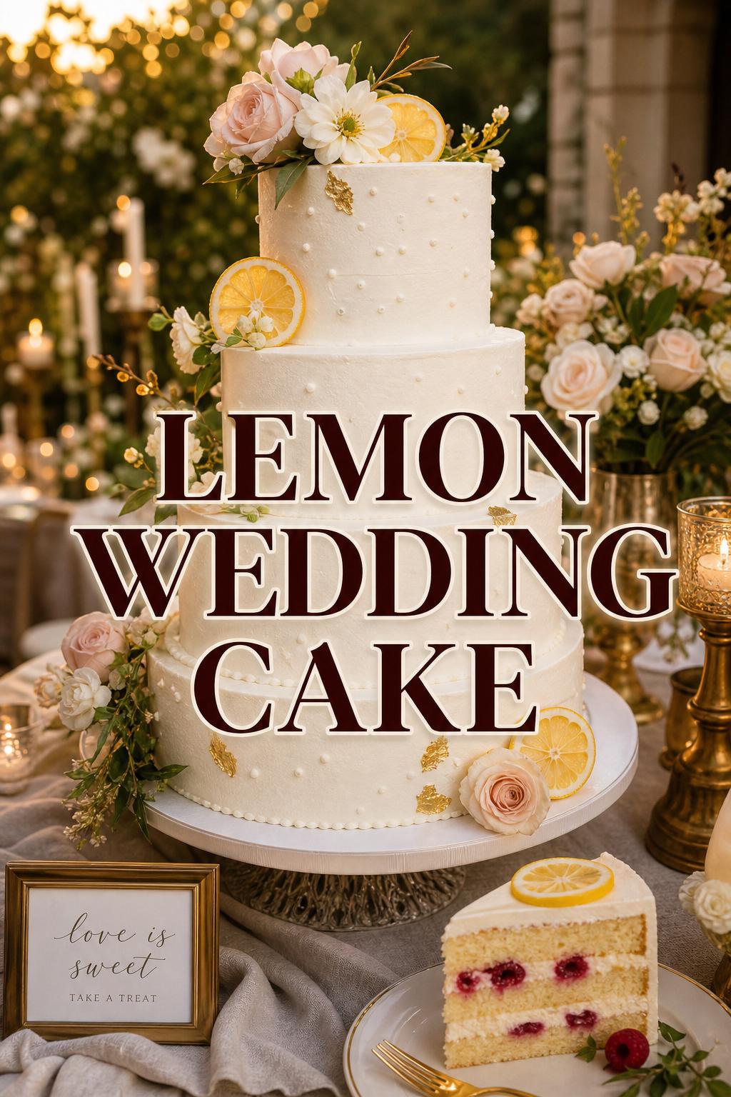 Elegant lemon wedding cake display with buttercream tiers, lemon slices, florals, and golden-hour reception styling