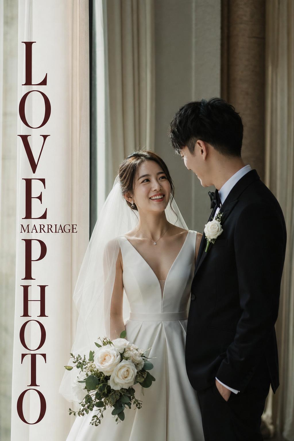 Love marriage photo of a bride and groom laughing softly by tall windows in a modern venue with warm veil light