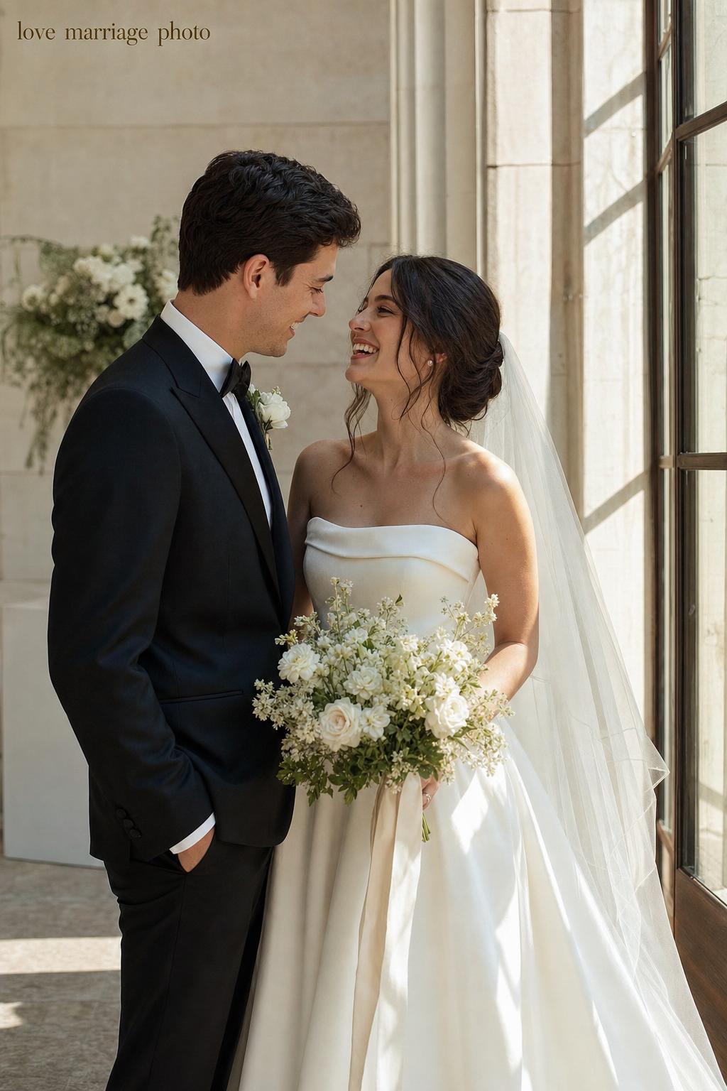 Love marriage photo of an intimate modern wedding couple sharing a gentle glance in soft natural light at a minimalist venue