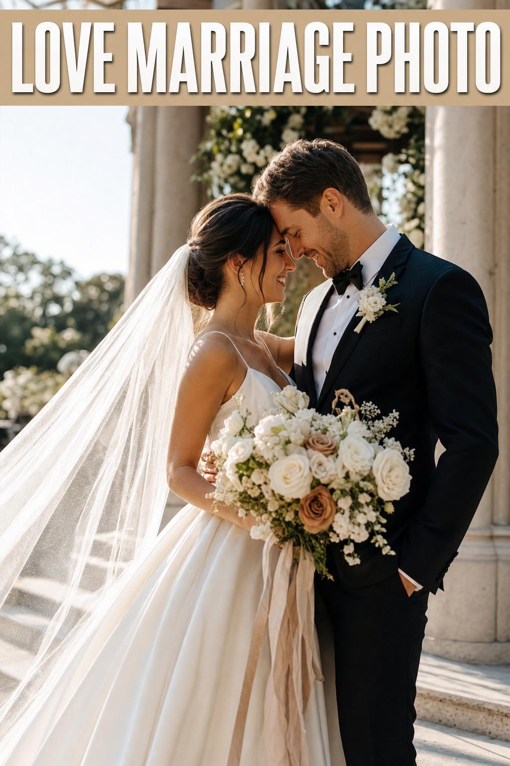 Love marriage photo of a newlywed couple holding hands at sunset