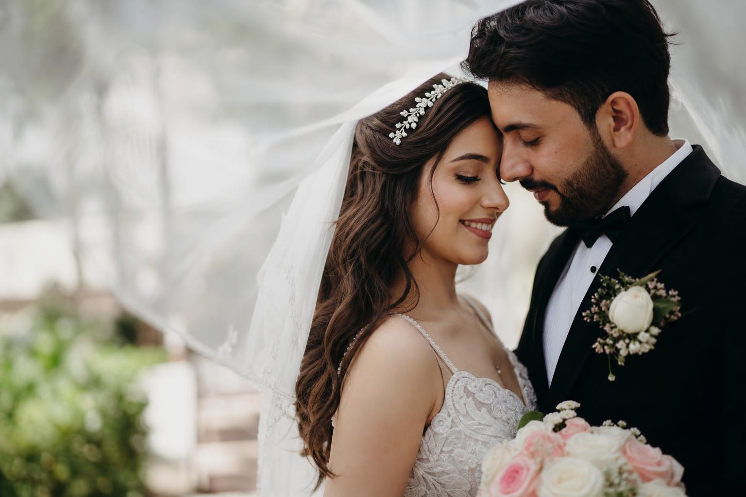 Love marriage photo of a newlywed couple sharing a quiet, romantic moment after the wedding ceremony