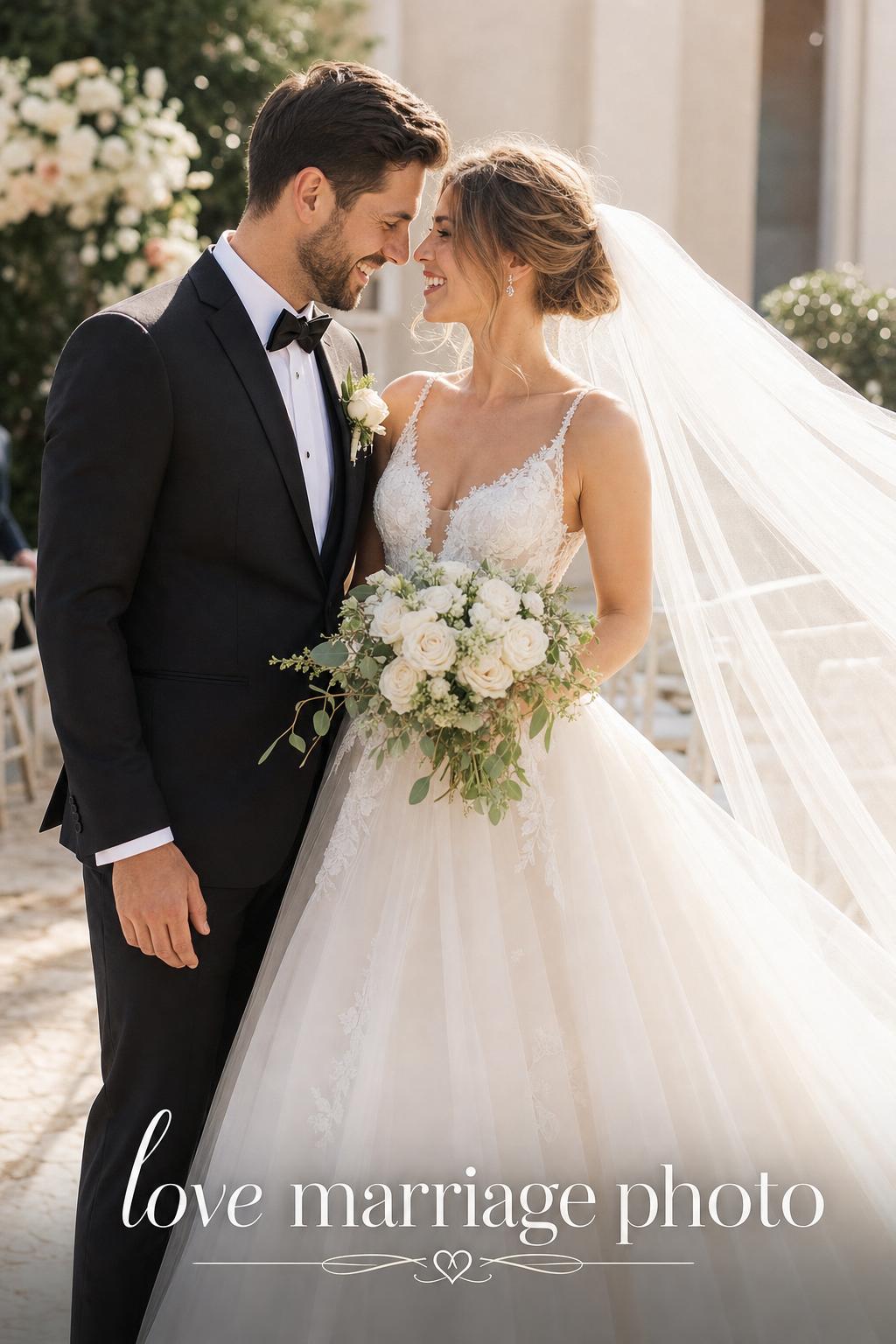 Love marriage photo of a bride and groom sharing gentle laughter in a sunlit outdoor courtyard, veil softly moving.
