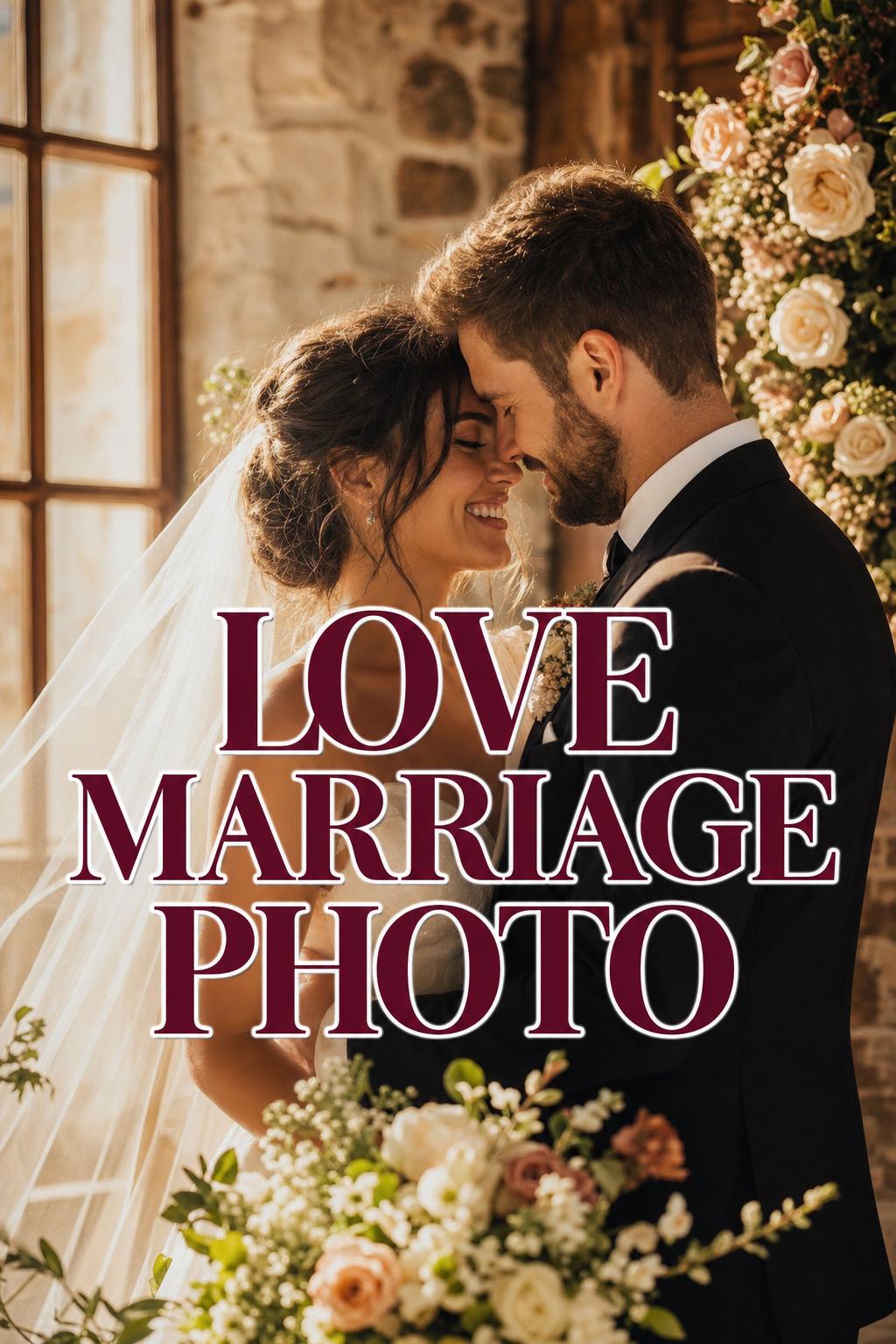 Love marriage photo of a smiling couple in warm golden-hour light with veil, florals, and elegant ceremony details