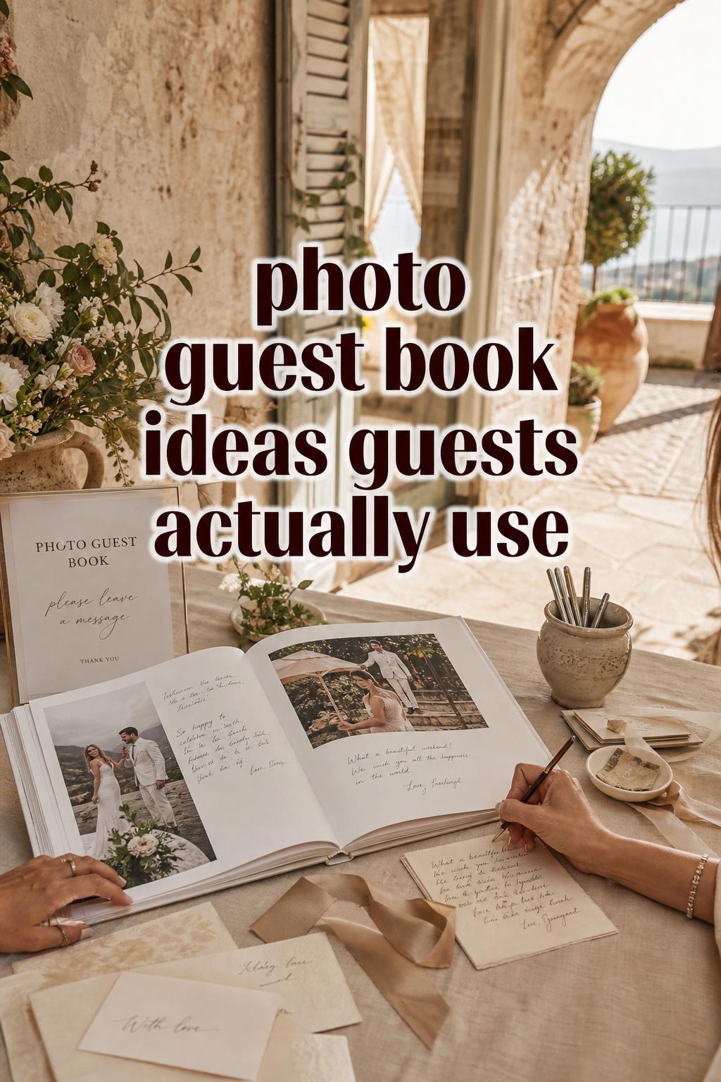 Luxury Mediterranean wedding photo guest book display with open linen album, calligraphy sign, and guest hands writing