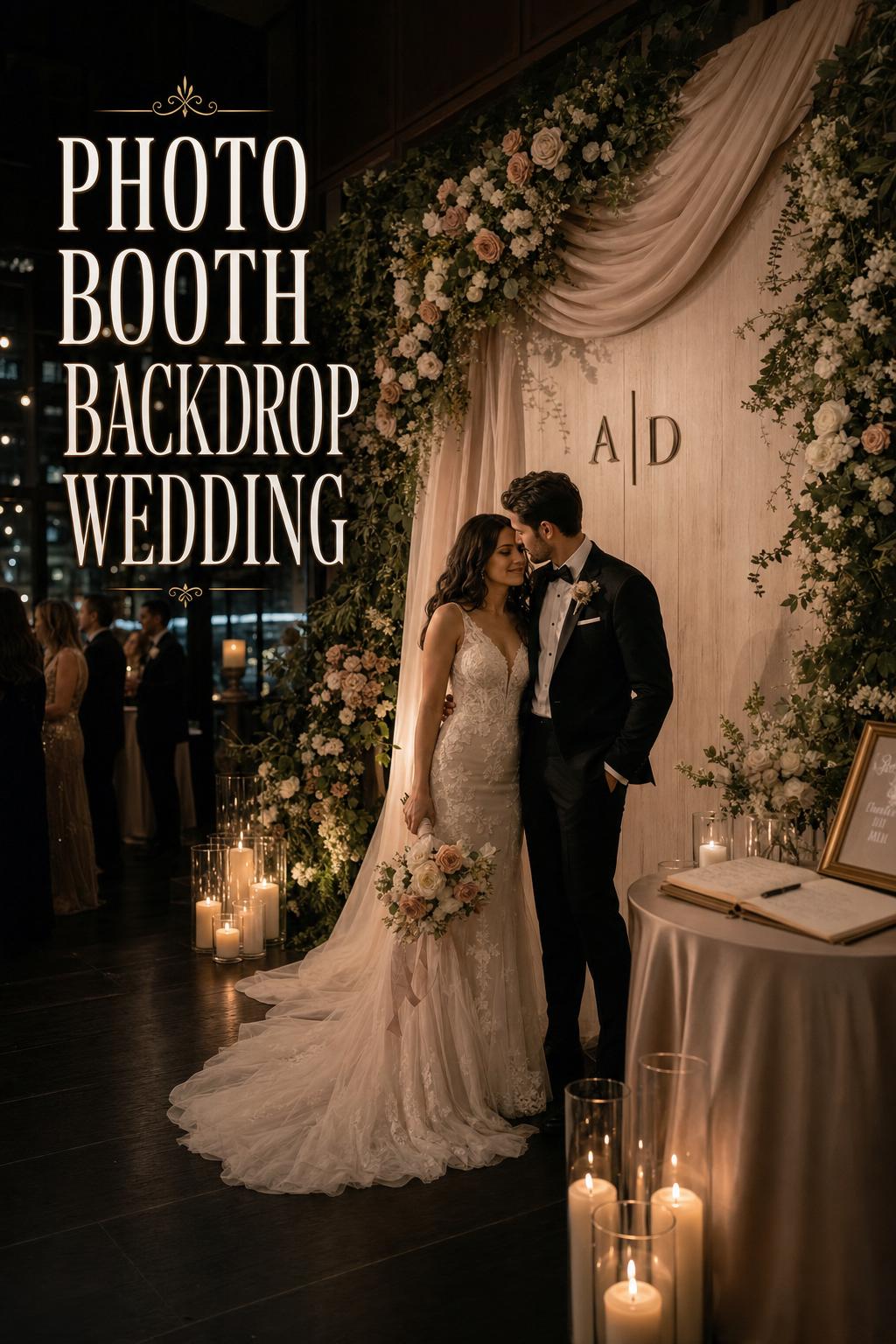 Luxury photo booth backdrop wedding setup with florals, draped fabric, monogram sign, and candlelit reception ambiance