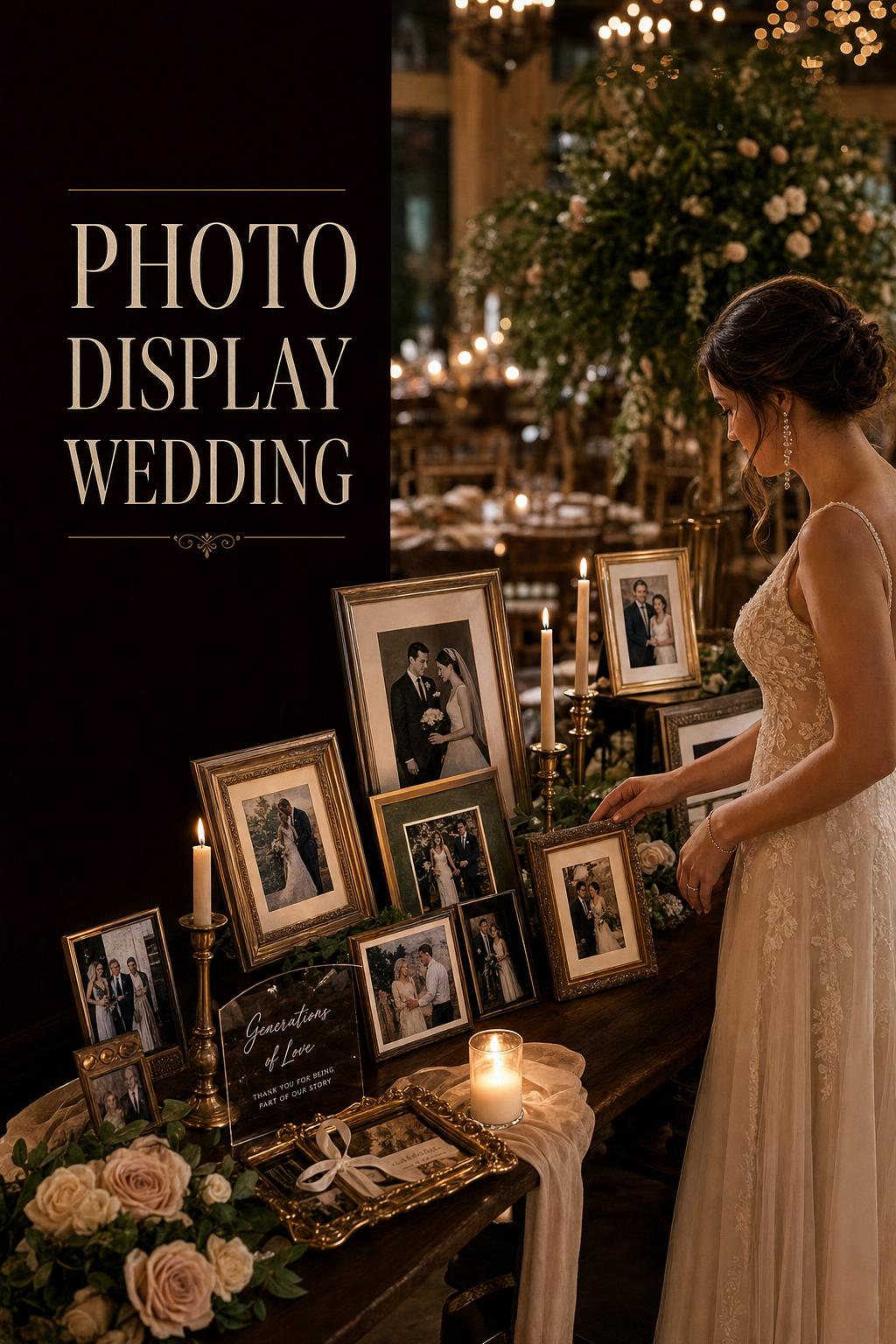 Luxury photo display wedding memory table with framed family photos, candles, florals, and moody reception lighting