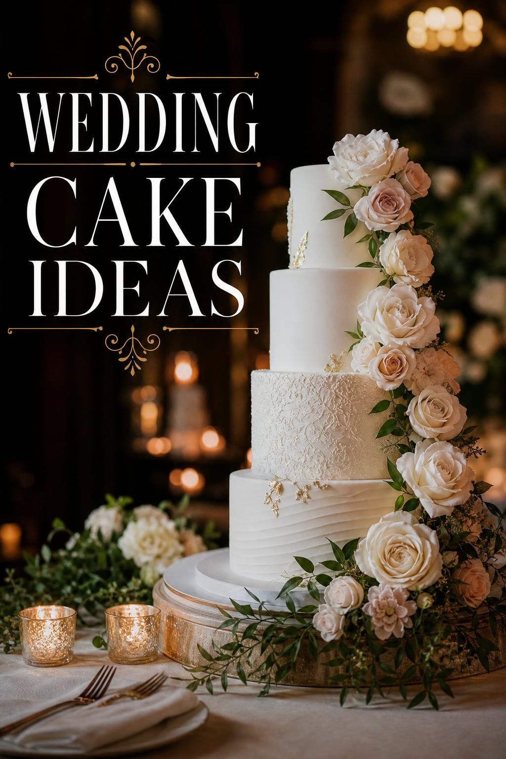 Luxury wedding cake display with candles and florals, featuring elegant wedding cake ideas text overlay in a moody ballroom