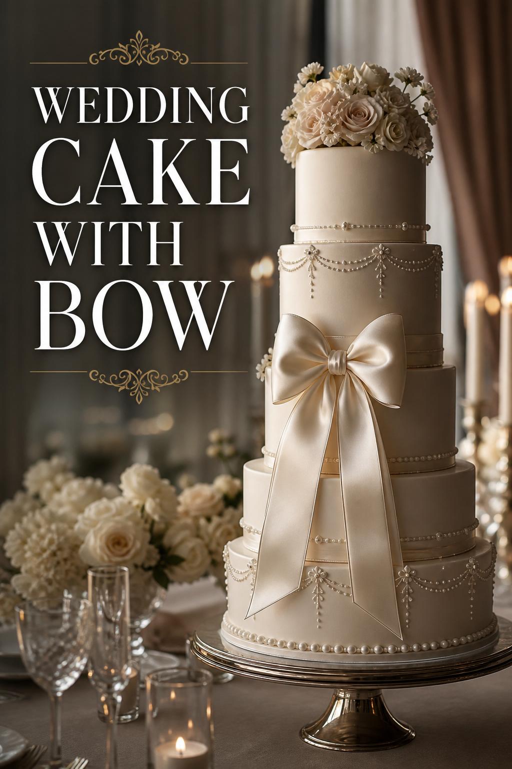 Luxury wedding cake with bow centerpiece in a candlelit ballroom reception, styled with ivory tiers and pearl details