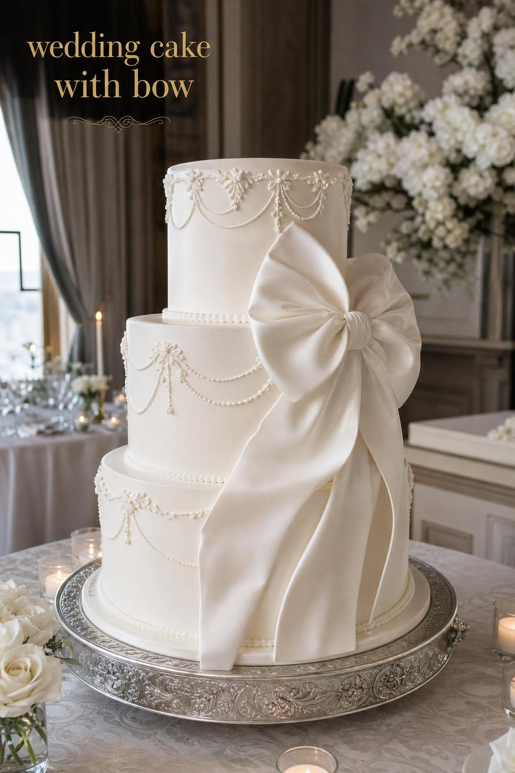 Elegant wedding cake with bow in a luxury reception setting with ivory fondant, pearl accents, and candlelight