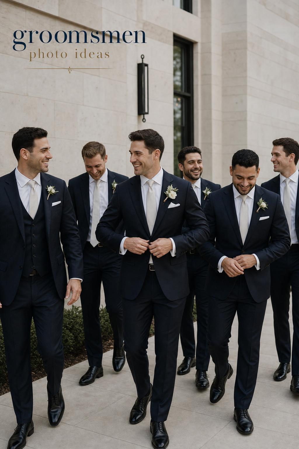 Groom with groomsmen in modern venue suits, candid luxury wedding editorial for groomsmen photo ideas