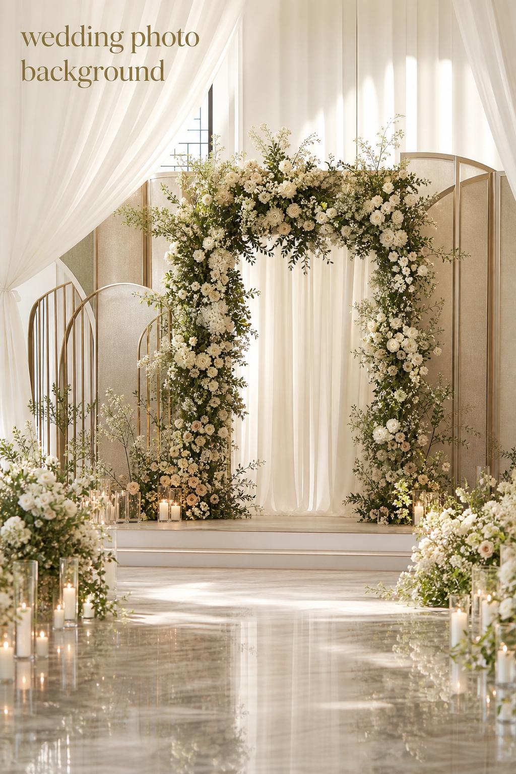 Luxury wedding photo background with floral arch, draped fabric, and elegant neutral wedding decor