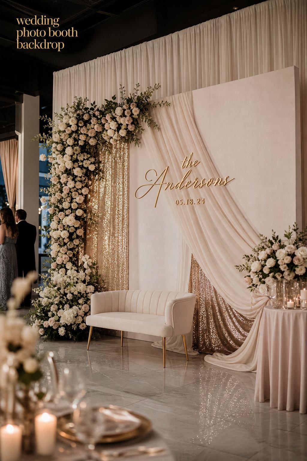 Luxury wedding photo booth backdrop with draped chiffon, blush florals, and monogram signage in a modern reception setting