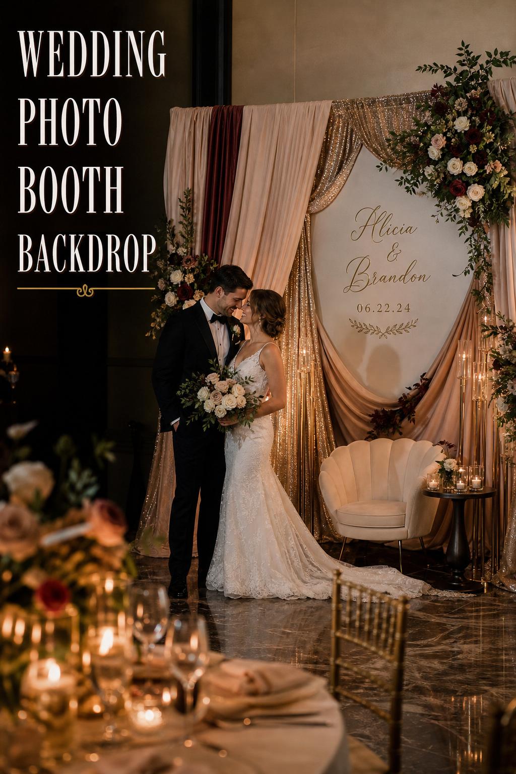 Luxury wedding photo booth backdrop with draped chiffon, satin and velvet, champagne shimmer, florals and monogram at reception