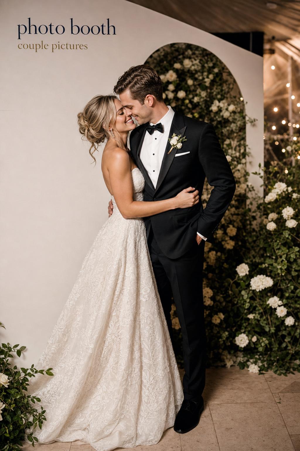 Romantic bride and groom in a luxury wedding photo booth setting, capturing photo booth couple pictures with soft lights