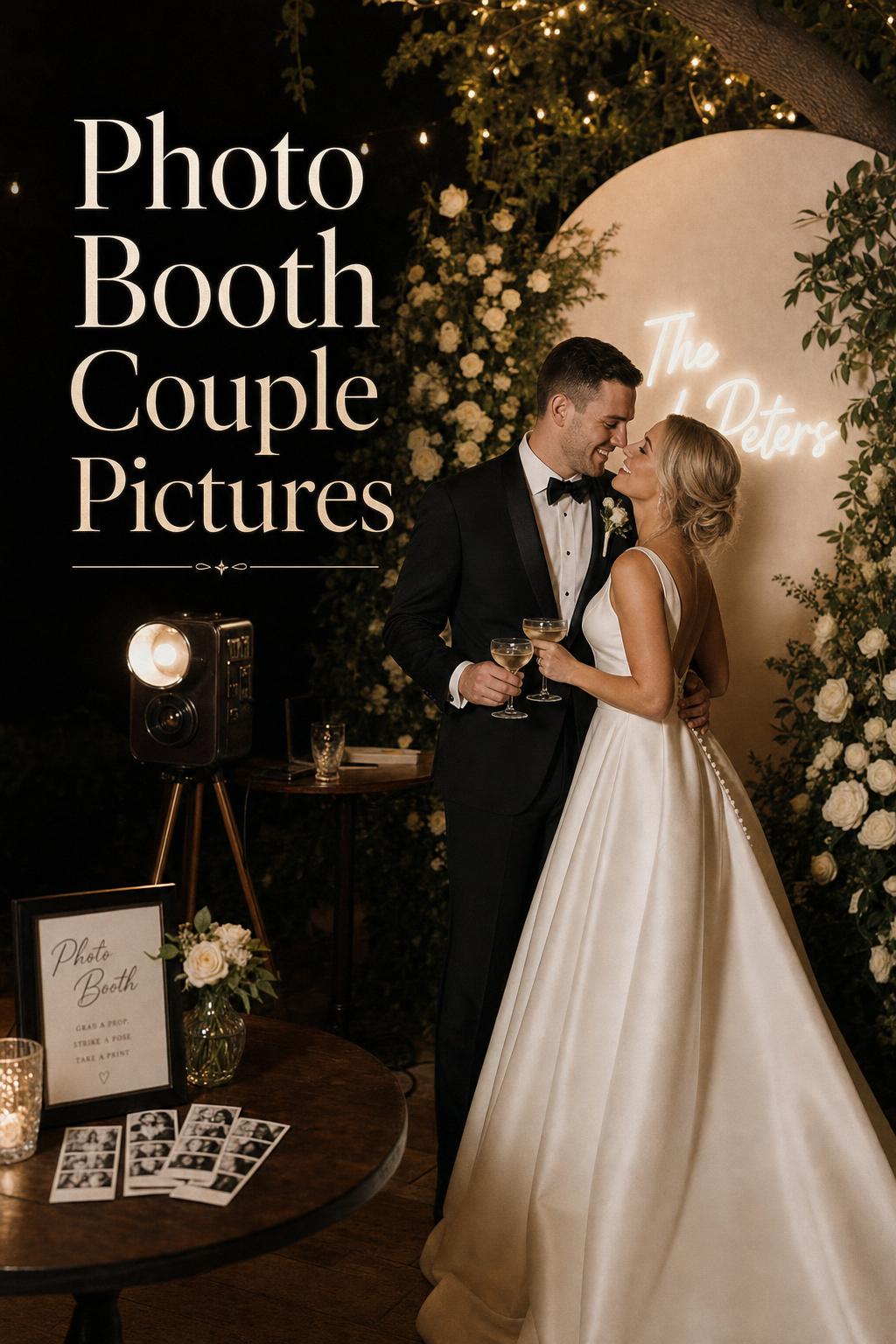 Luxury wedding reception with newlyweds posing in an open-air setup for photo booth couple pictures amid florals and lights