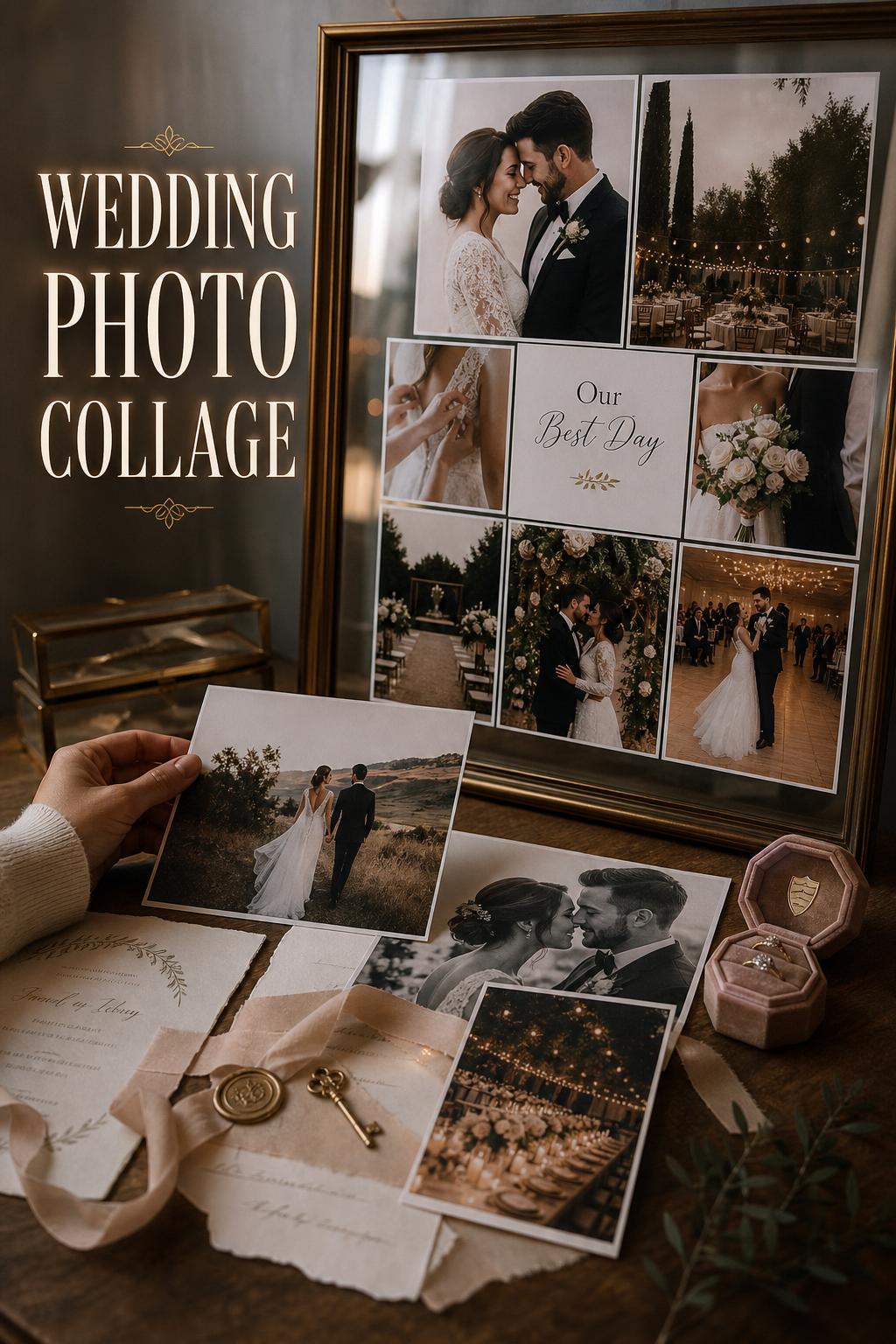 Luxury tabletop wedding photo collage with framed prints, scrapbook details, and warm window light in an elegant interior