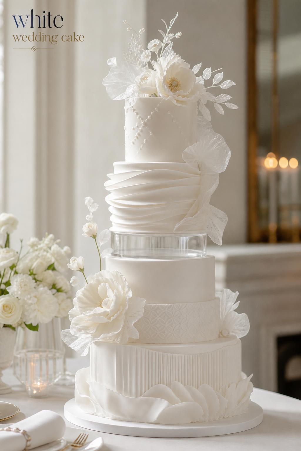 Refined white wedding cake with sculptural tiers, delicate piping, and sugar flowers in a luxury editorial setting