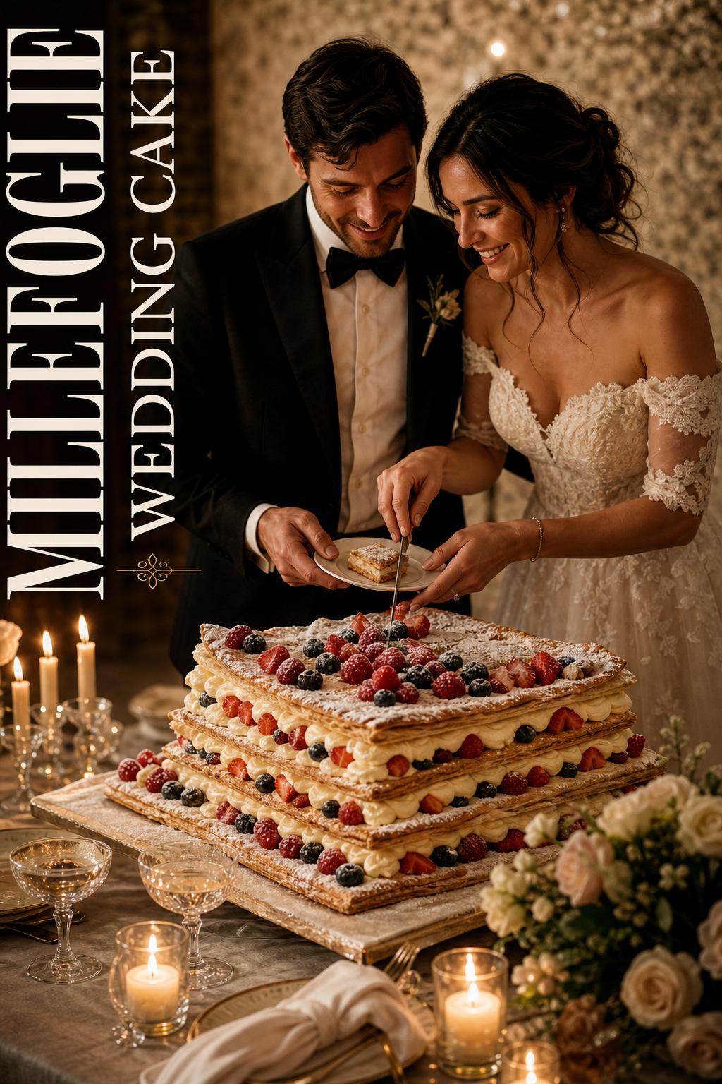 Millefoglie wedding cake with layered puff pastry, Chantilly cream and berries on a candlelit Tuscan dessert table.