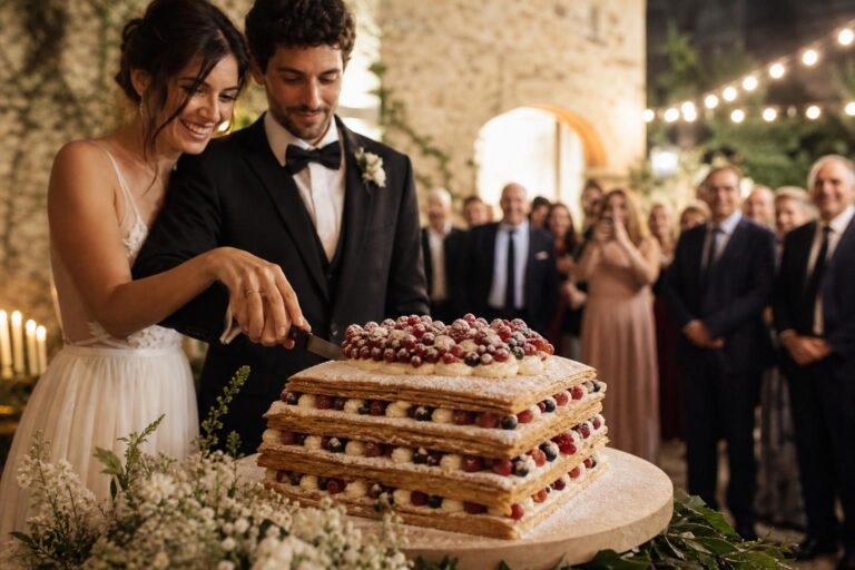 Millefoglie wedding cake with puff pastry layers, Chantilly cream, fresh berries, and powdered sugar on a reception table