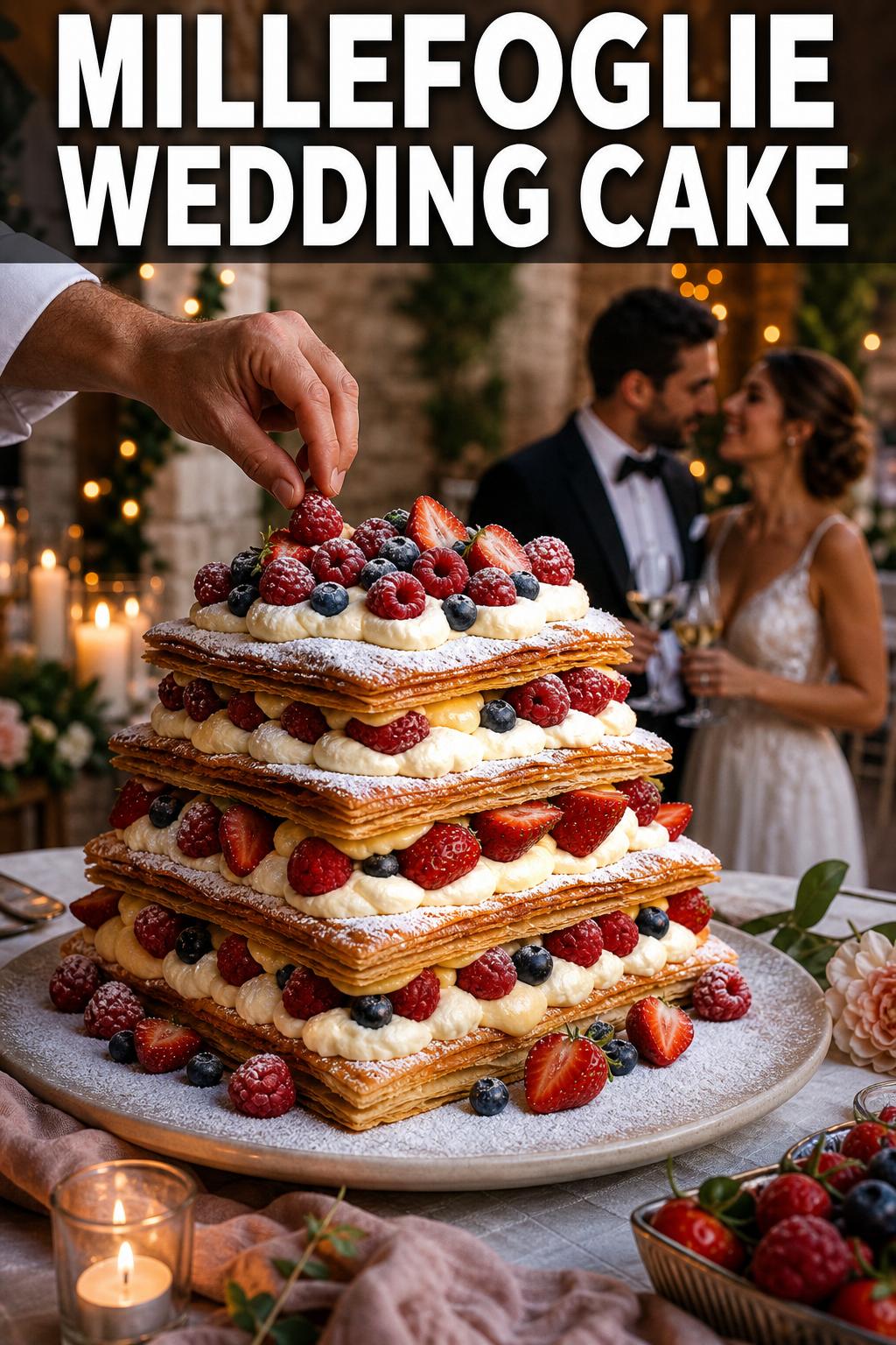 Millefoglie wedding cake with delicate puff pastry layers, fresh berries, and powdered sugar on a rustic table