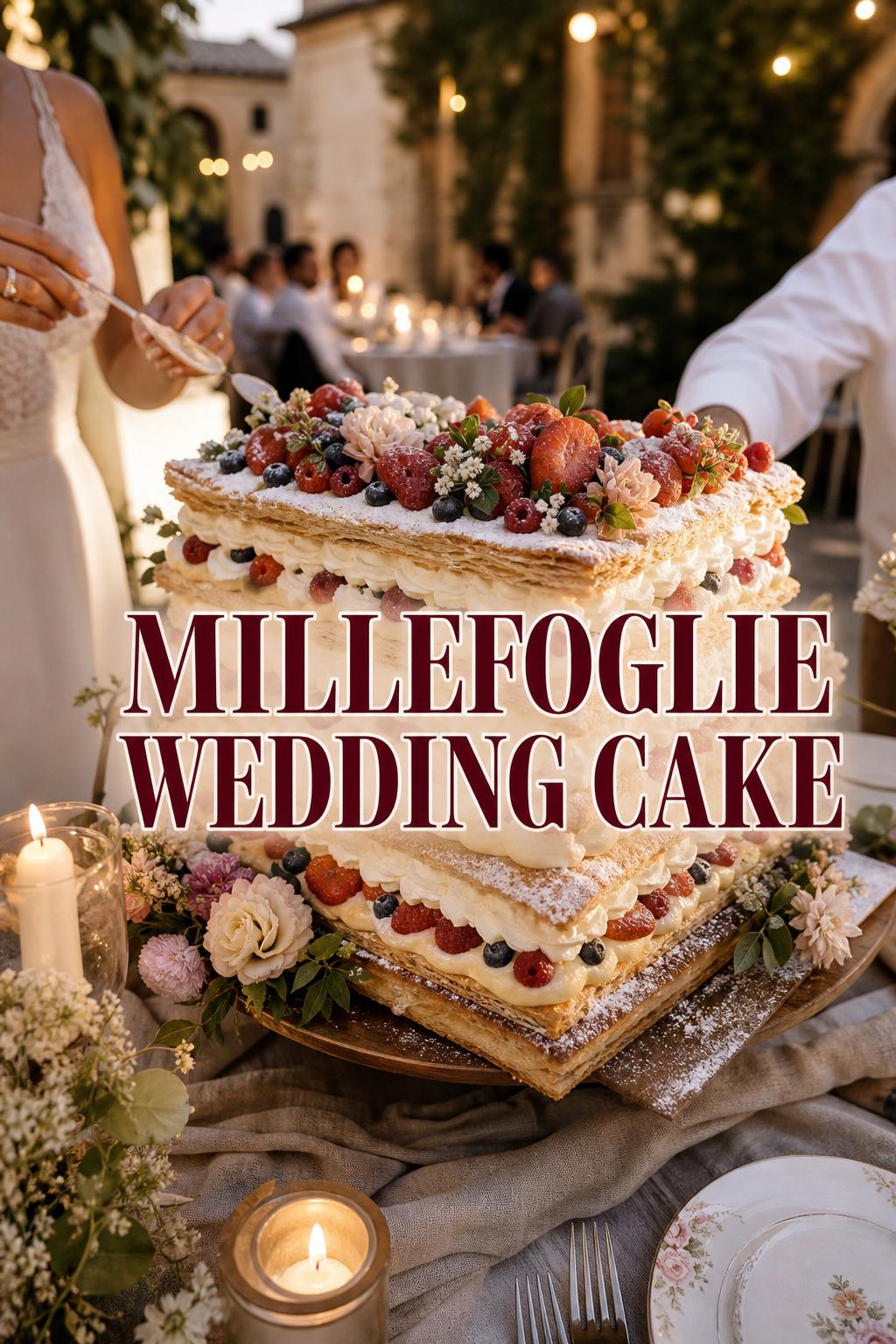 Millefoglie wedding cake with fresh berries and powdered sugar on a candlelit Tuscan villa table with text overlay