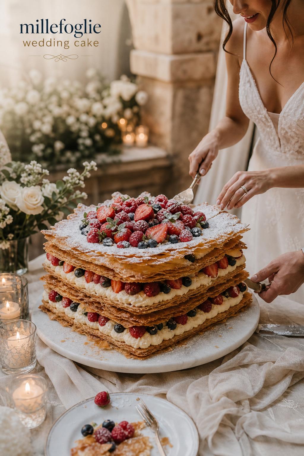 Millefoglie wedding cake with flaky puff pastry, Chantilly cream, fresh berries and powdered sugar in warm candlelit Tuscan setting