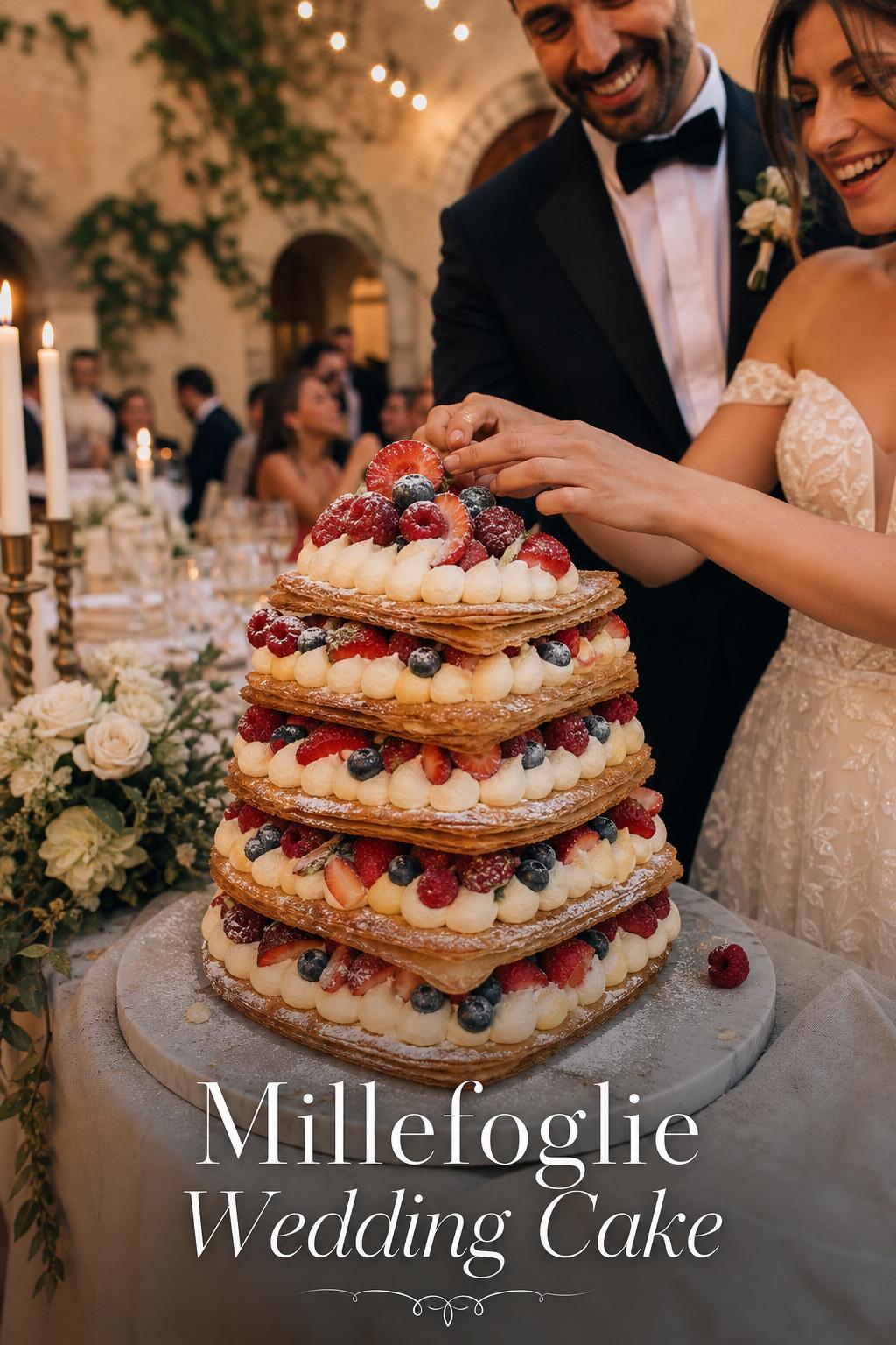 Millefoglie wedding cake with flaky puff pastry, Chantilly cream, berries and powdered sugar in a candlelit Tuscan villa reception