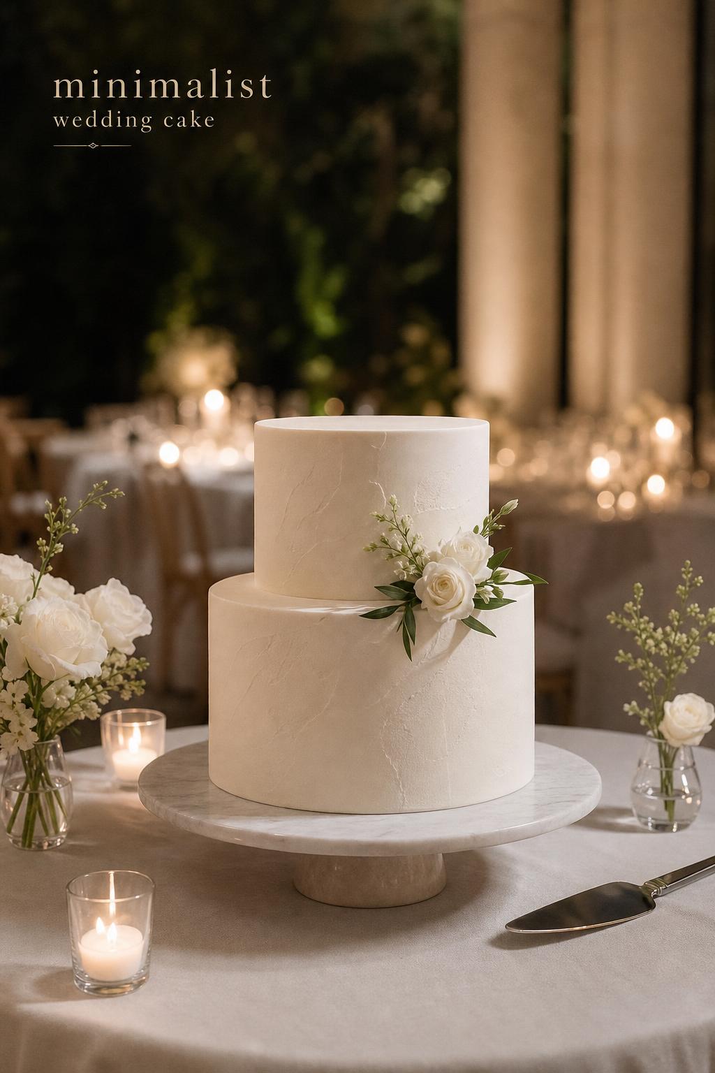 Minimalist wedding cake at a refined candlelit reception with elegant neutral decor