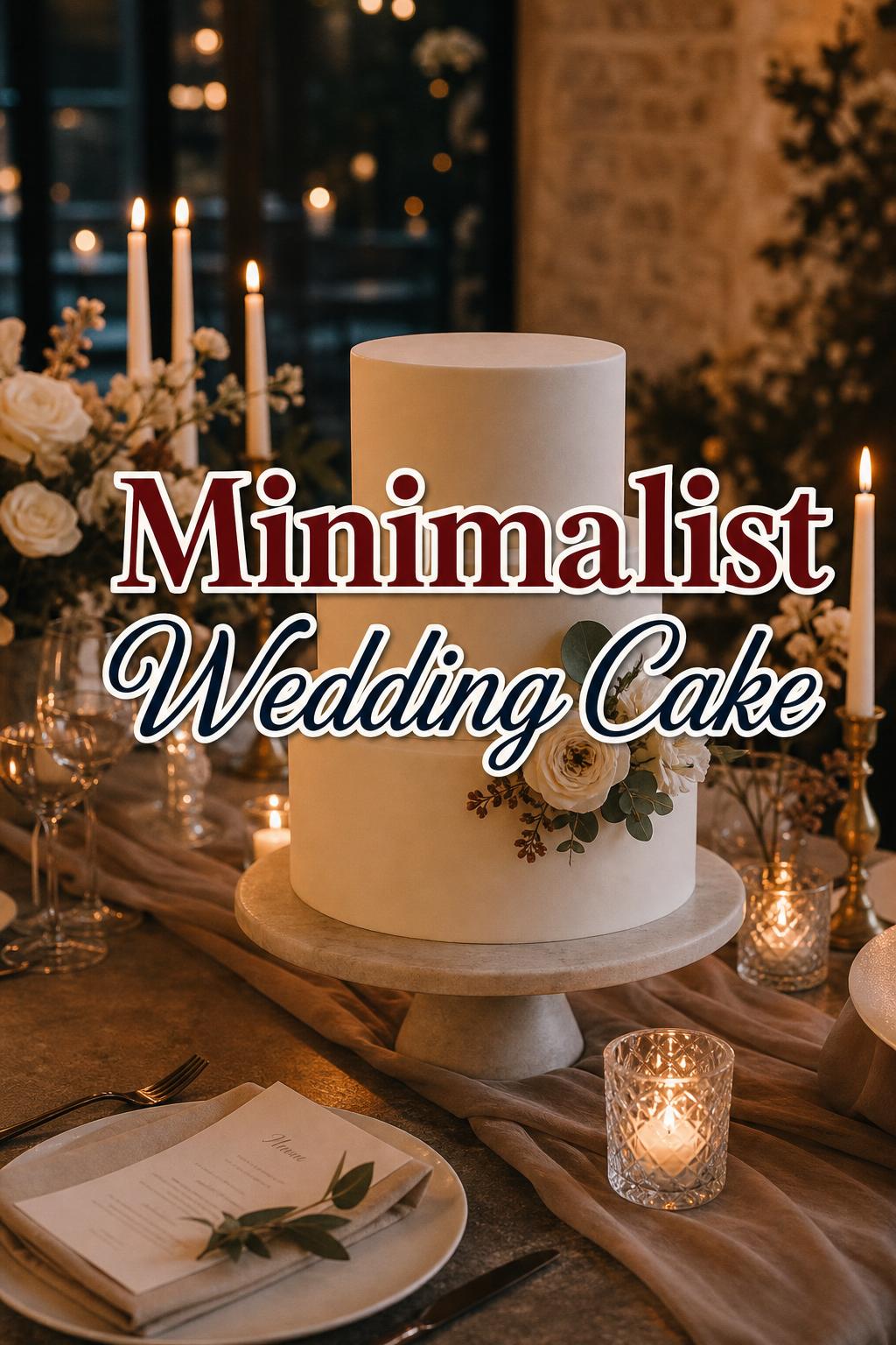 Minimalist wedding cake with candlelight and neutral florals in a warm golden-hour editorial setting