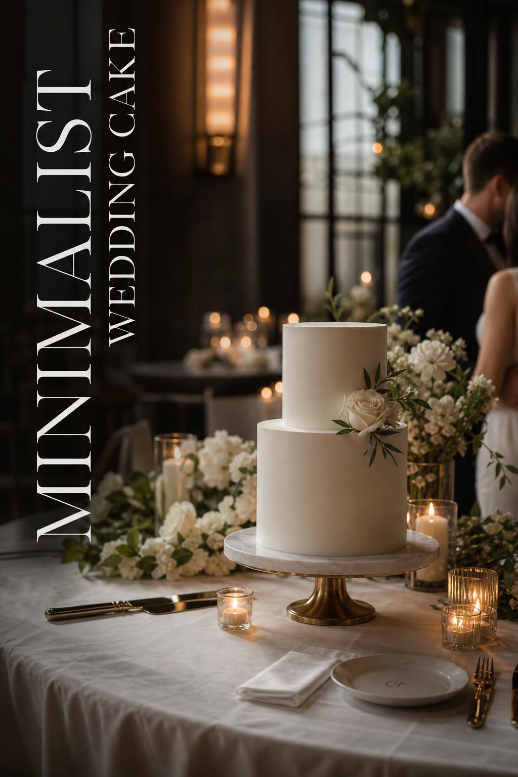 Minimalist wedding cake with candles and soft florals in a luxury editorial reception setting